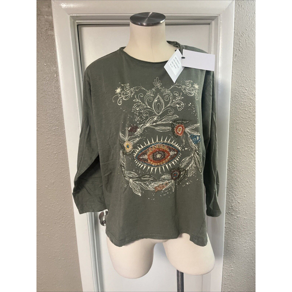 Women’s  Embroidered Blouse Green Distressed Kyla Seo comfort - Picture 1 of 12